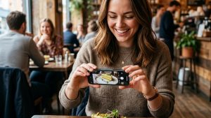 Femme photographiant une part de gâteau au café