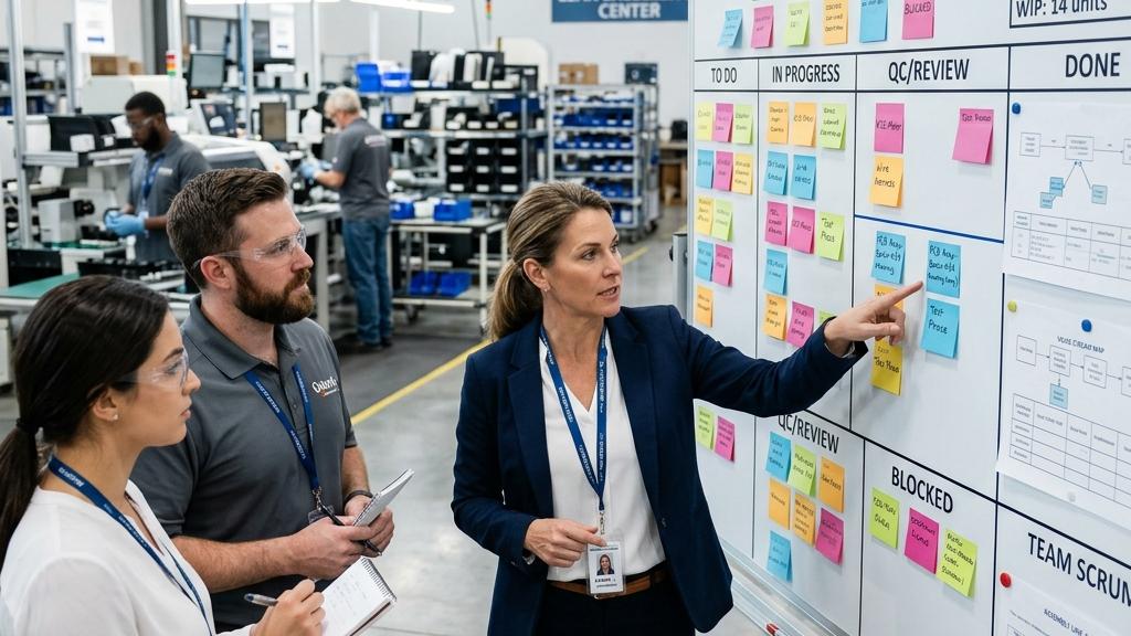 Équipe examinant un tableau Kanban en usine