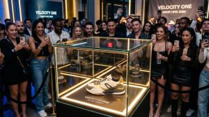 Baskets exposées dans vitrine lors d’un lancement