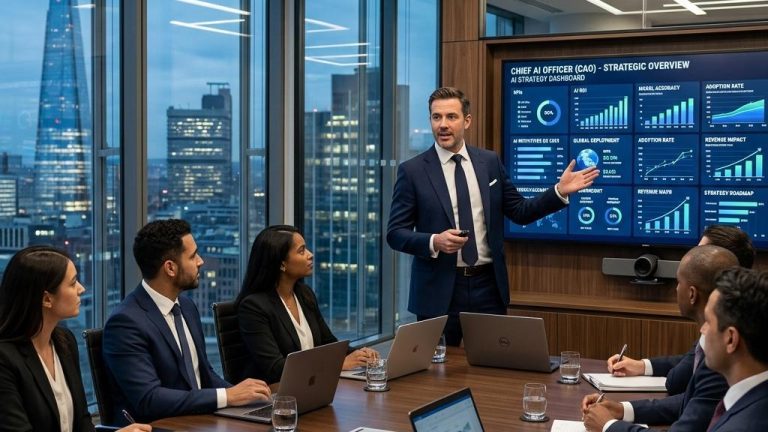 Réunion d’affaires avec présentation de tableau stratégique