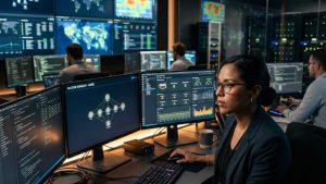 Ingénieure surveillant des serveurs sur plusieurs écrans