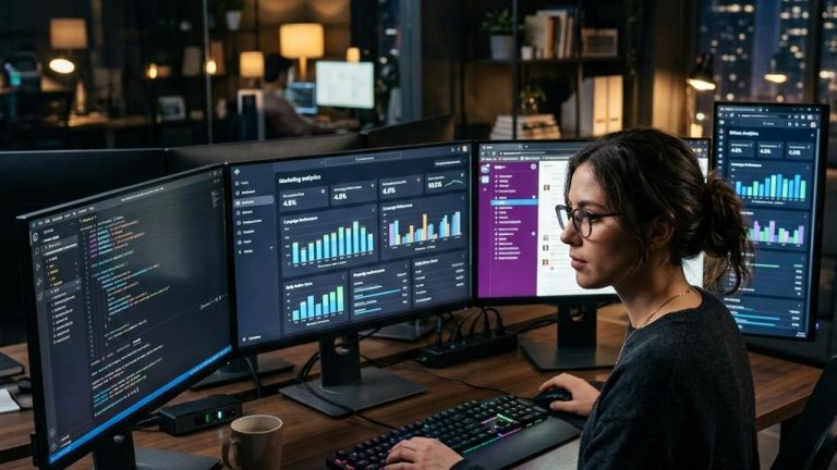 Femme analysant données sur plusieurs écrans au bureau