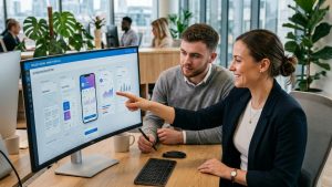 Deux collègues analysant interface d'application sur écran