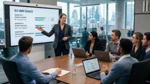Présentation des objectifs OKR au bureau moderne