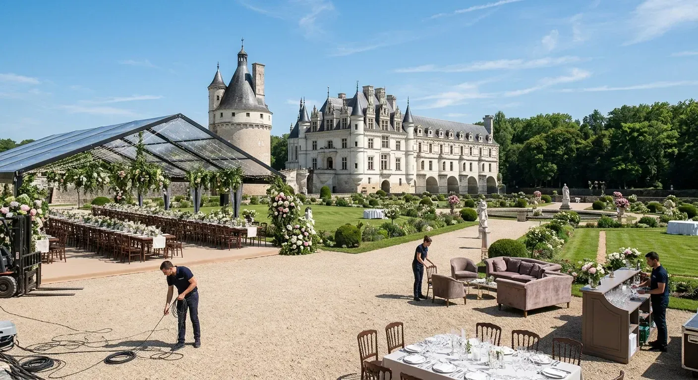Réception de mariage devant château Renaissance français