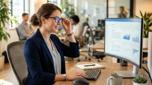 Femme travaillant sur ordinateur avec graphiques au bureau