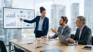 Réunion d’entreprise avec présentation de graphiques financiers