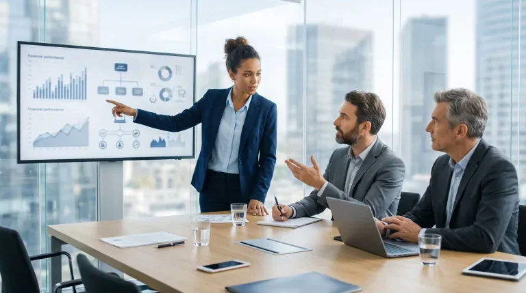 Réunion d’entreprise avec présentation de graphiques financiers