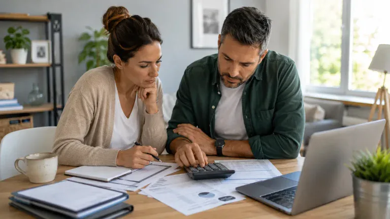 Couple calculant budget domestique avec factures et ordinateur