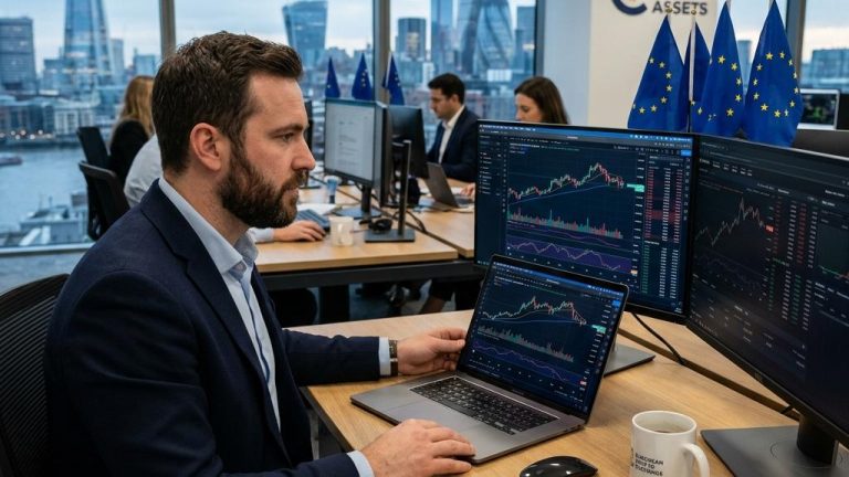Analyste financier devant écrans de trading