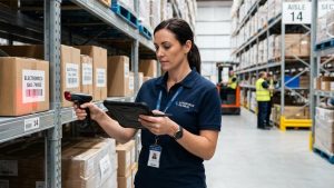 Employée scanne des colis dans un entrepôt