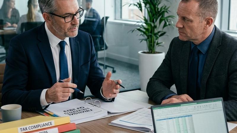Deux hommes en réunion fiscale au bureau