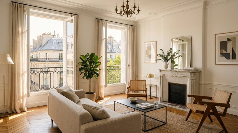 Salon parisien lumineux avec cheminée, parquet et grandes fenêtres ouvertes.