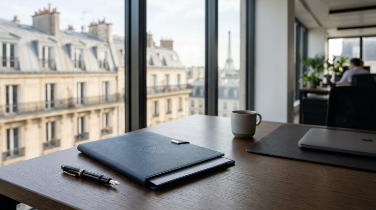 Bureau avec vue sur la Tour Eiffel à Paris.