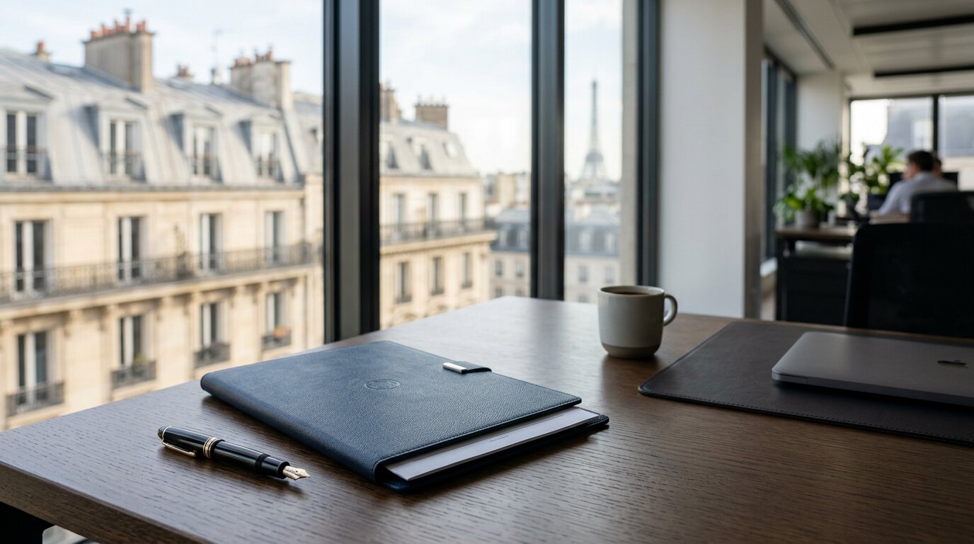Bureau avec vue sur la Tour Eiffel à Paris.