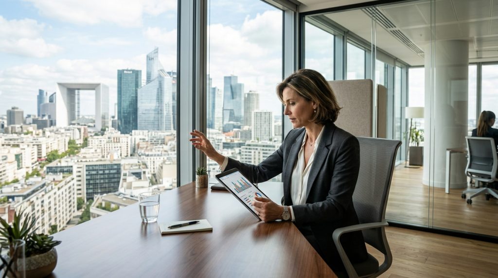 Femme d'affaires analysant des graphiques face à La Défense.