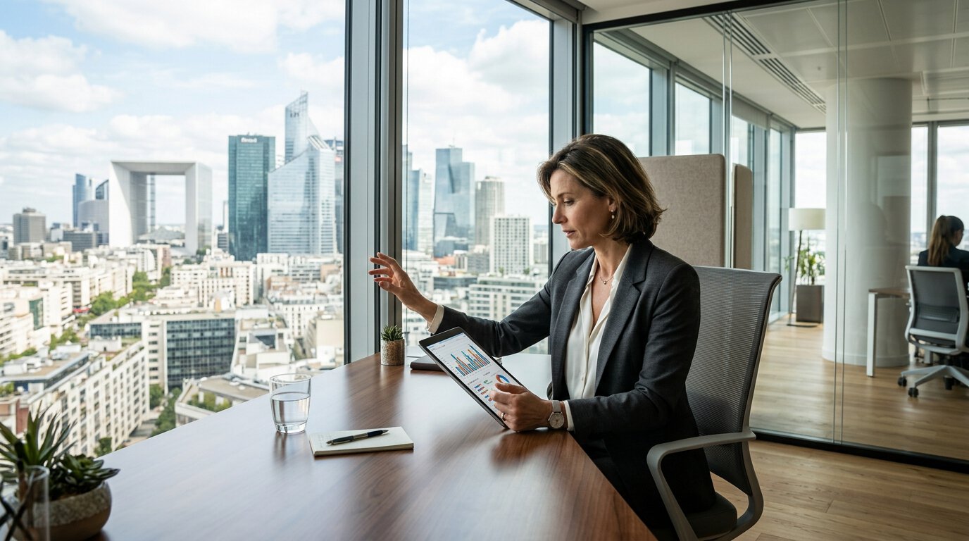 Femme d'affaires analysant des graphiques face à La Défense.