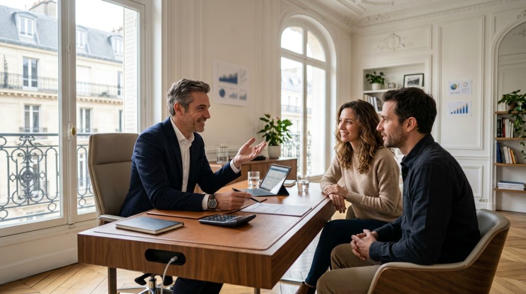 Conseiller financier rencontrant un couple dans un bureau lumineux.