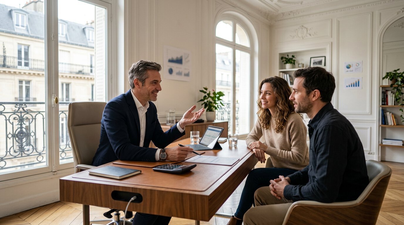 Conseiller financier rencontrant un couple dans un bureau lumineux.