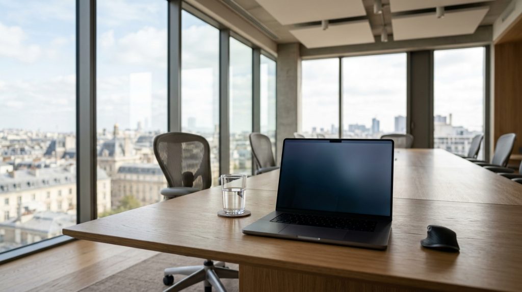 Bureau moderne avec ordinateur portable et vue sur la ville.