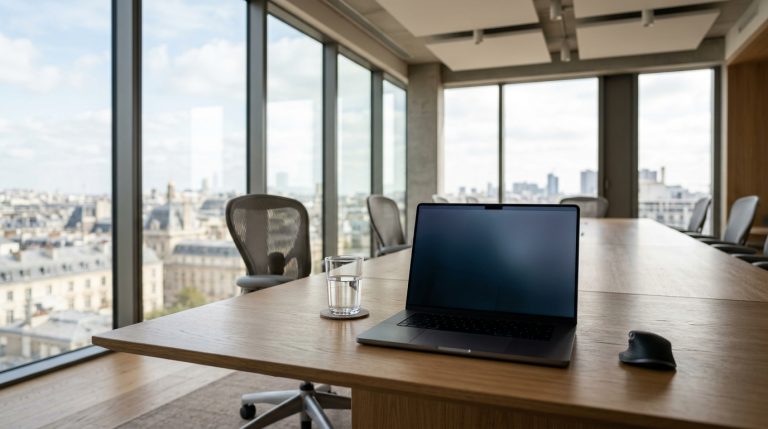 Bureau moderne avec ordinateur portable et vue sur la ville.