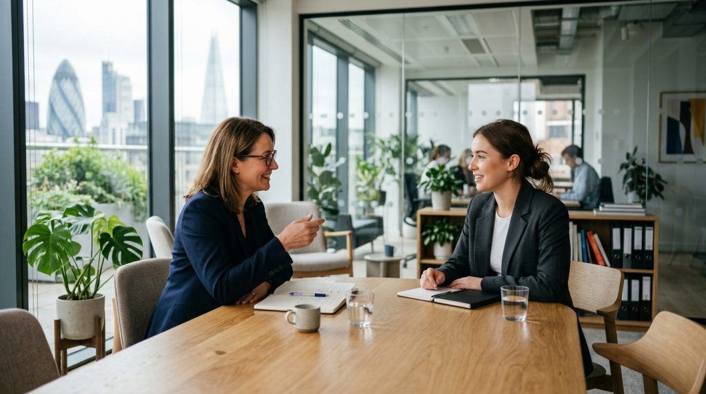 Deux femmes d'affaires en réunion dans un bureau moderne.