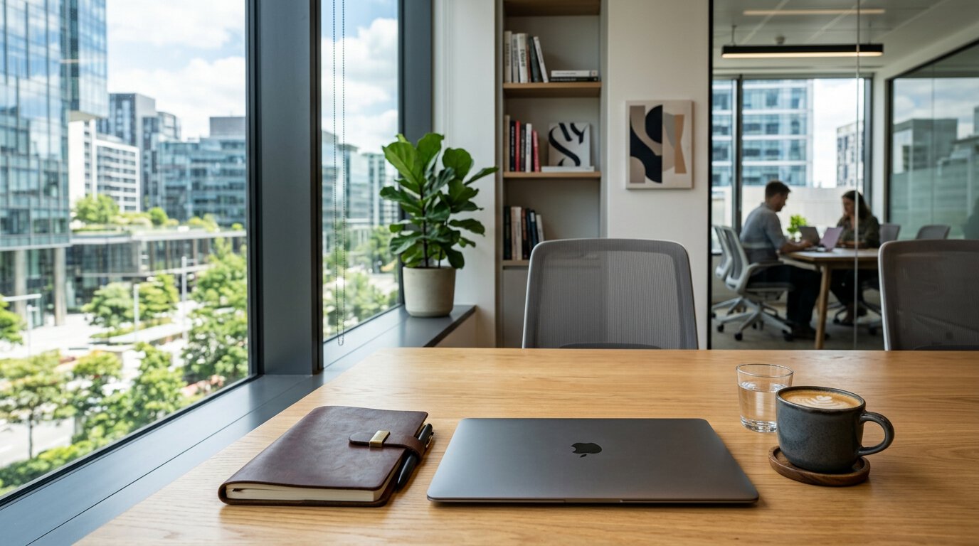 Bureau moderne avec ordinateur portable et vue sur ville.