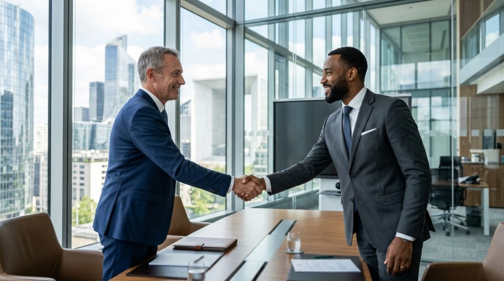 Poignée de main entre deux hommes d'affaires dans un bureau.