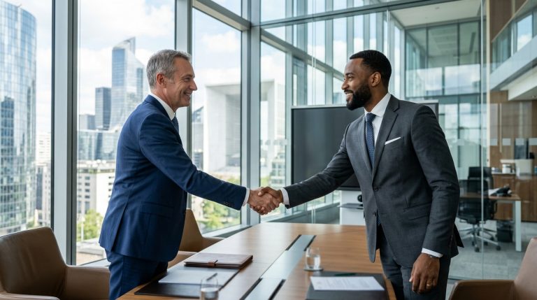 Poignée de main entre deux hommes d'affaires dans un bureau.