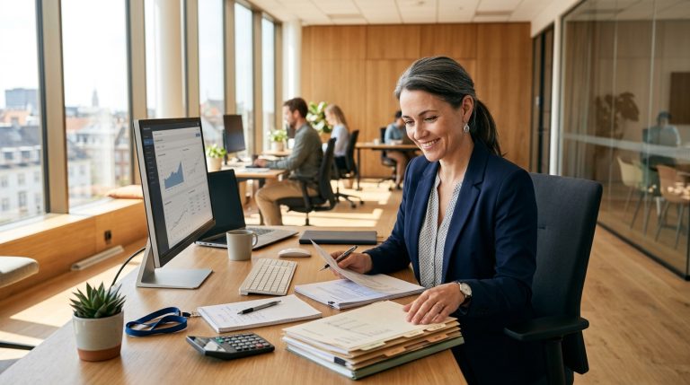 Femme d'affaires souriante travaillant dans un bureau moderne.