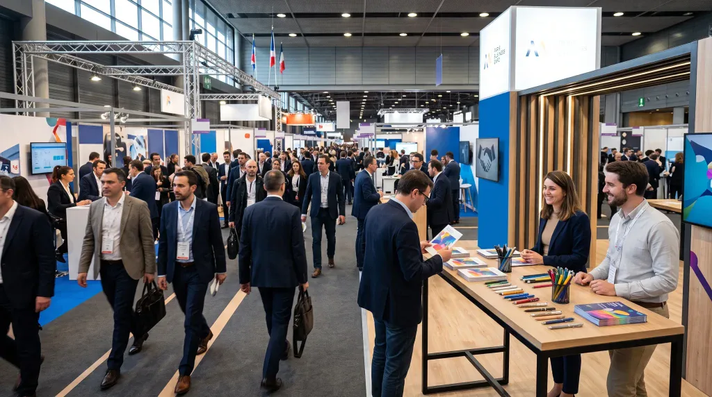 Salon professionnel avec des stands d'exposition et des visiteurs.