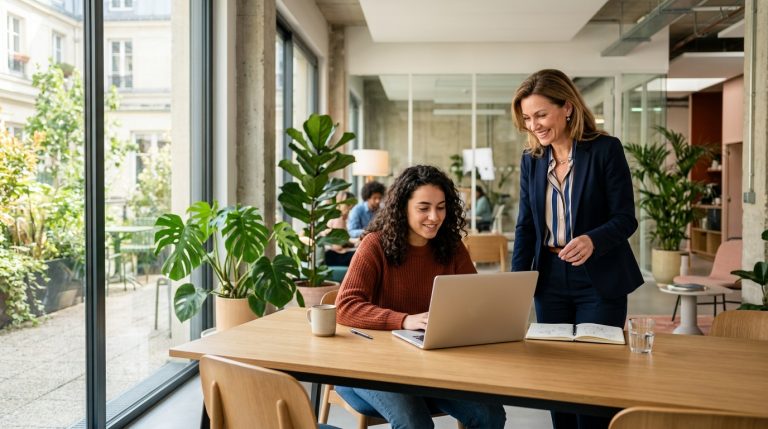 Deux femmes travaillant sur un ordinateur au bureau.