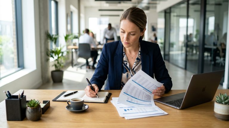 Responsable ressources humaines analysant une grille salariale en bureau lumineux.