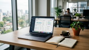 Ordinateur portable avec tableau de bord sur un bureau moderne.