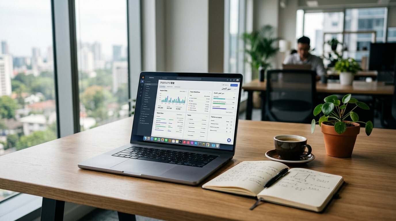 Ordinateur portable avec tableau de bord sur un bureau moderne.