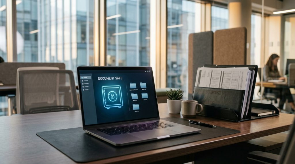 Ordinateur portable affichant une interface de stockage numérique sécurisé.