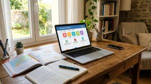 Bureau avec ordinateur portable affichant un portail éducatif numérique.