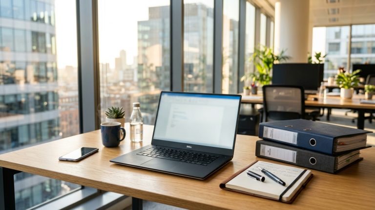 Bureau moderne avec ordinateur portable et dossiers de rémunération d'entreprise.