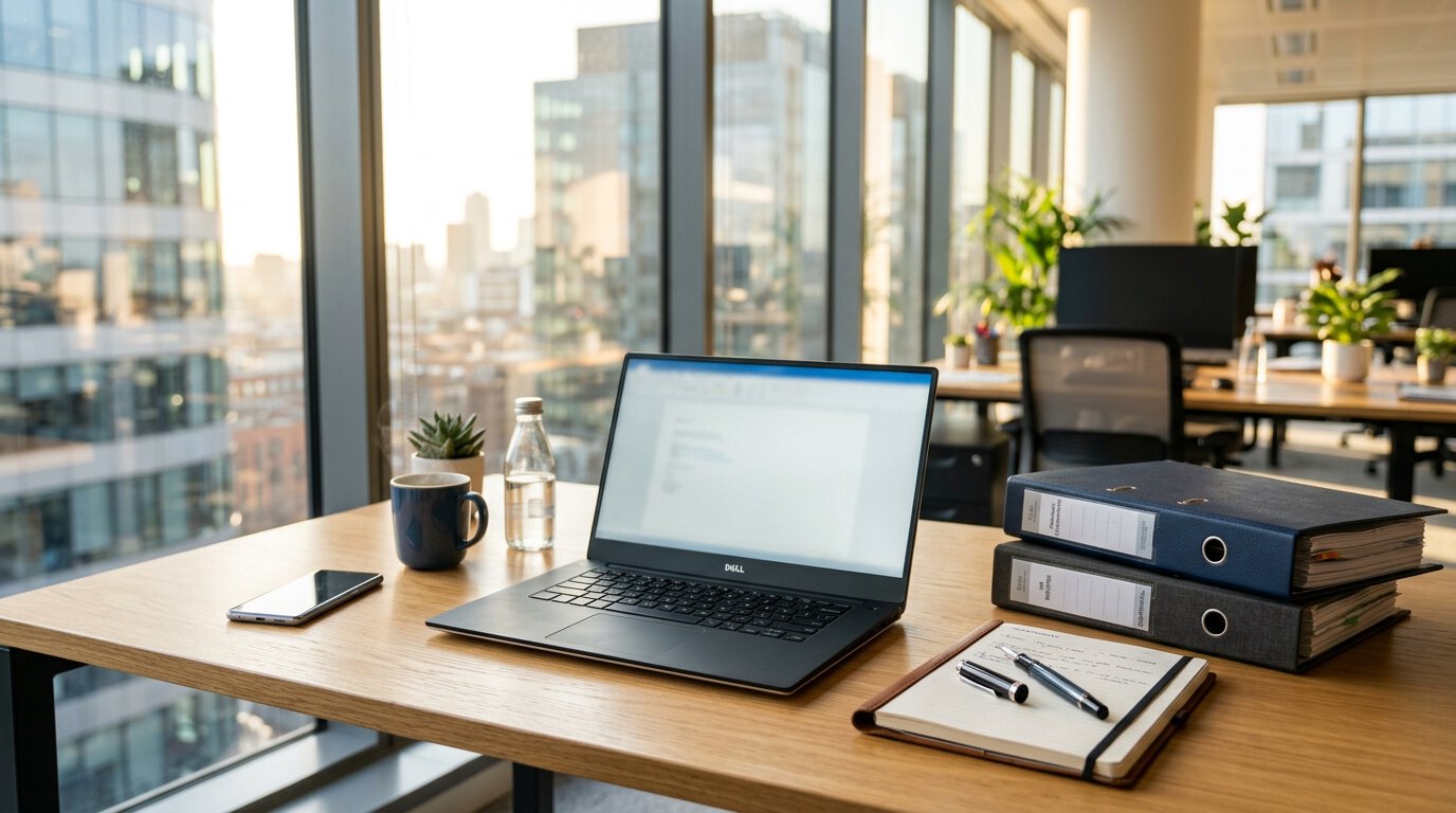 Bureau moderne avec ordinateur portable et dossiers de rémunération d'entreprise.