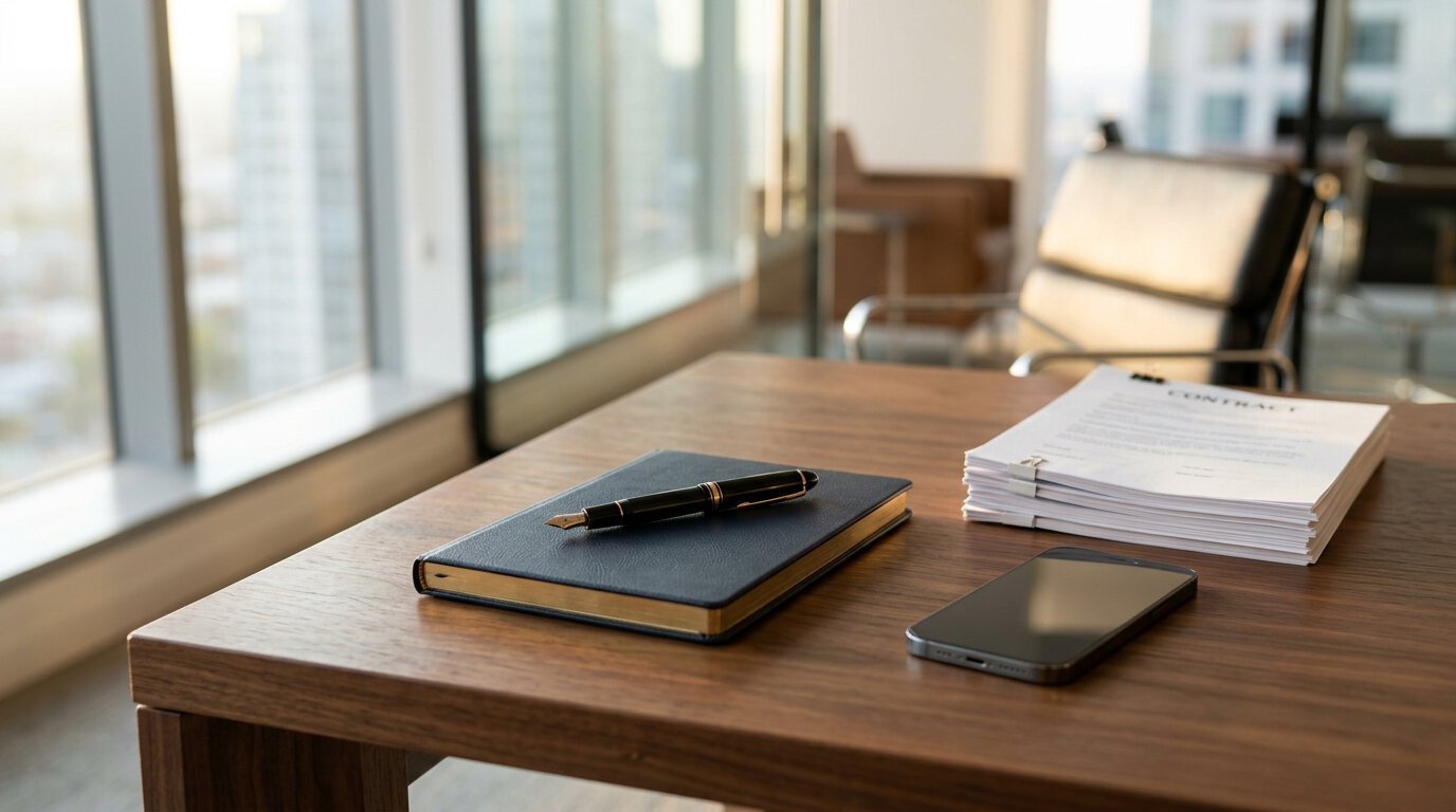 Bureau professionnel avec documents contractuels et carnet de notes en cuir.