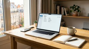 Ordinateur portable sur un bureau en bois avec vue urbaine.