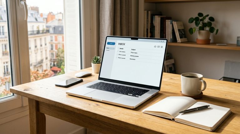 Ordinateur portable sur un bureau en bois avec vue urbaine.