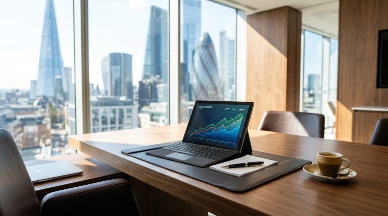 Bureau exécutif moderne avec vue panoramique et tablette affichant des données financières.