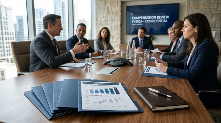 Réunion de direction et revue annuelle des grilles de rémunération en entreprise.