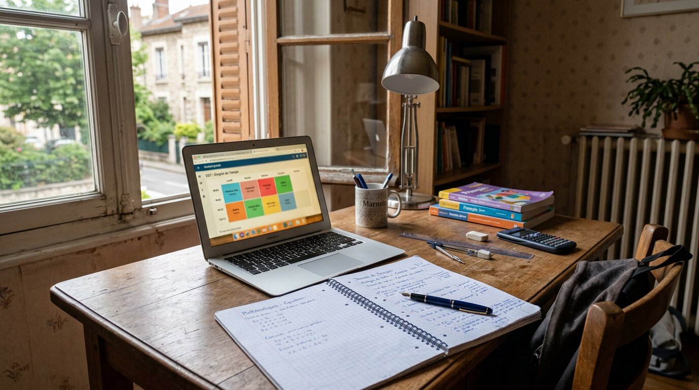 Bureau en bois avec ordinateur portable, cahier et fournitures scolaires.