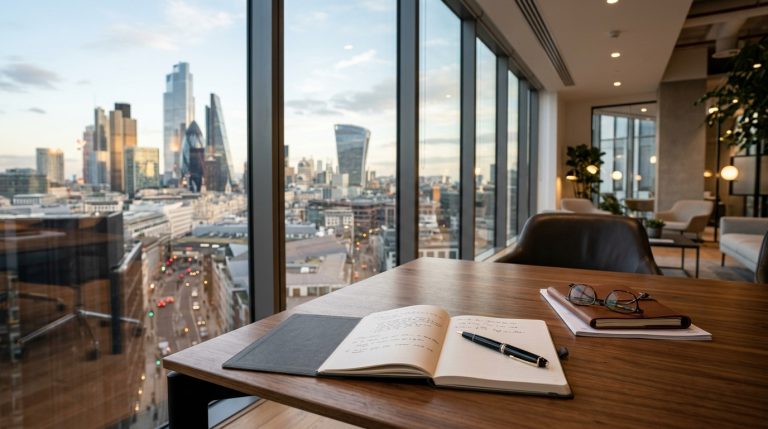 Table de travail exécutive avec carnet de notes et vue sur le quartier d'affaires.