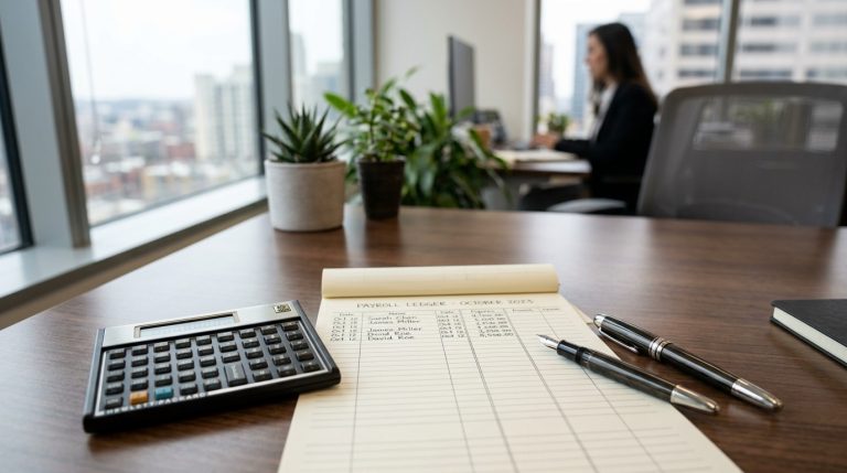 Espace de travail comptable avec calculatrice financière et fiche de paie.