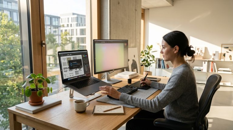 Femme travaillant sur un ordinateur dans un bureau lumineux.