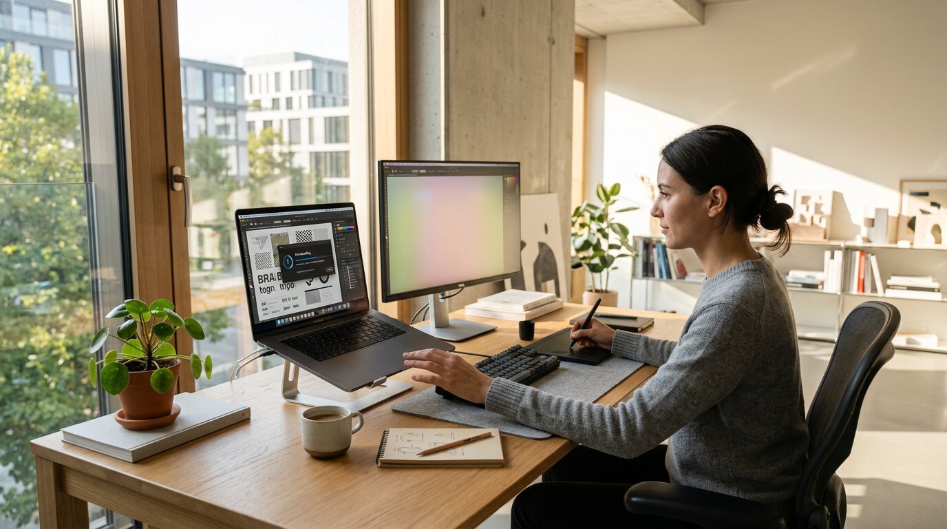 Femme travaillant sur un ordinateur dans un bureau lumineux.