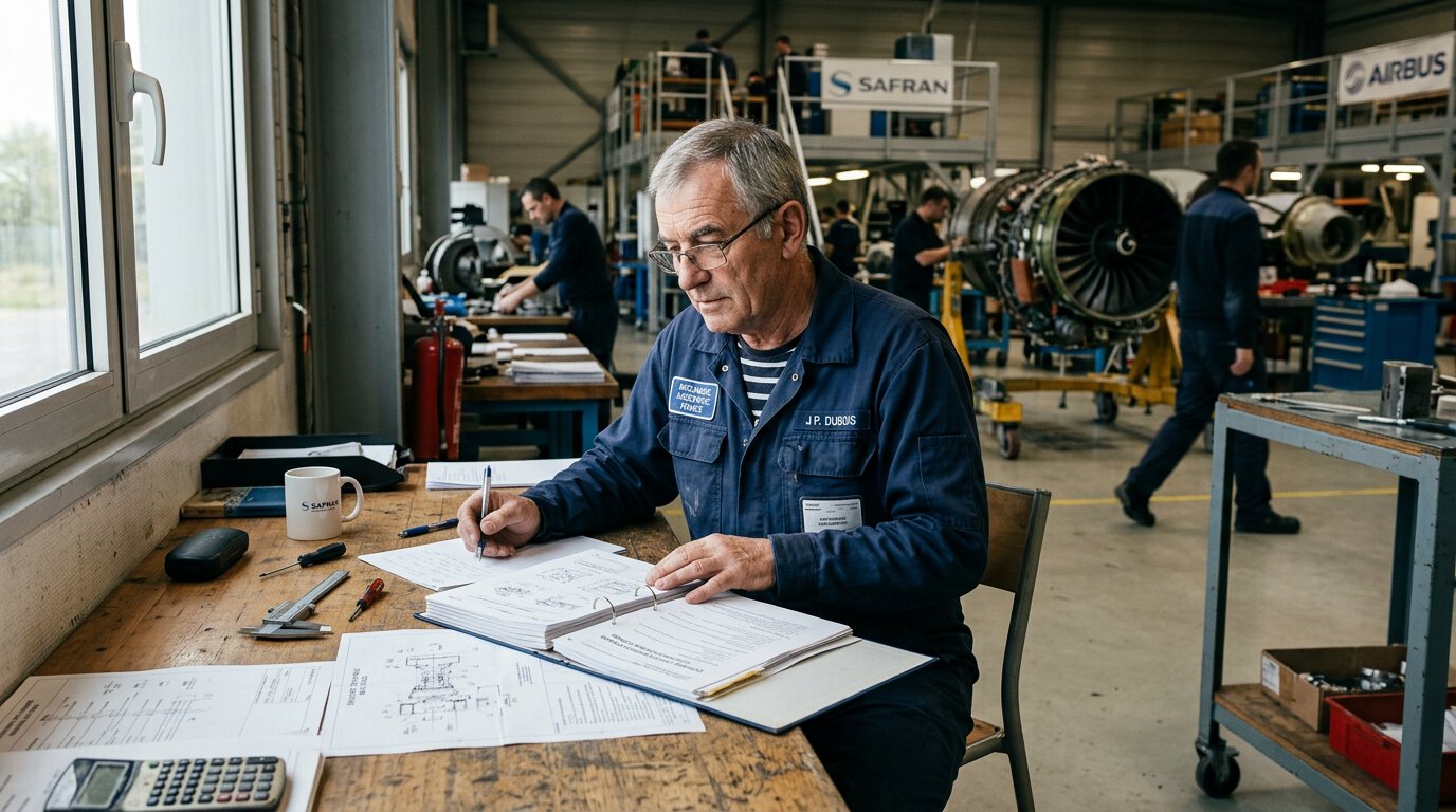 Ouvrier d'État dans un atelier industriel consultant son dossier de retraite FSPOEIE